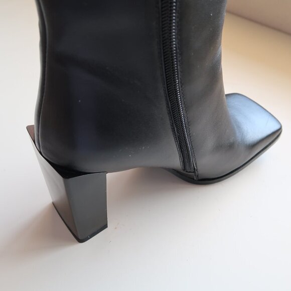 Black Square Toe Real Leather Block Heel Booties - Picture 8 of 10